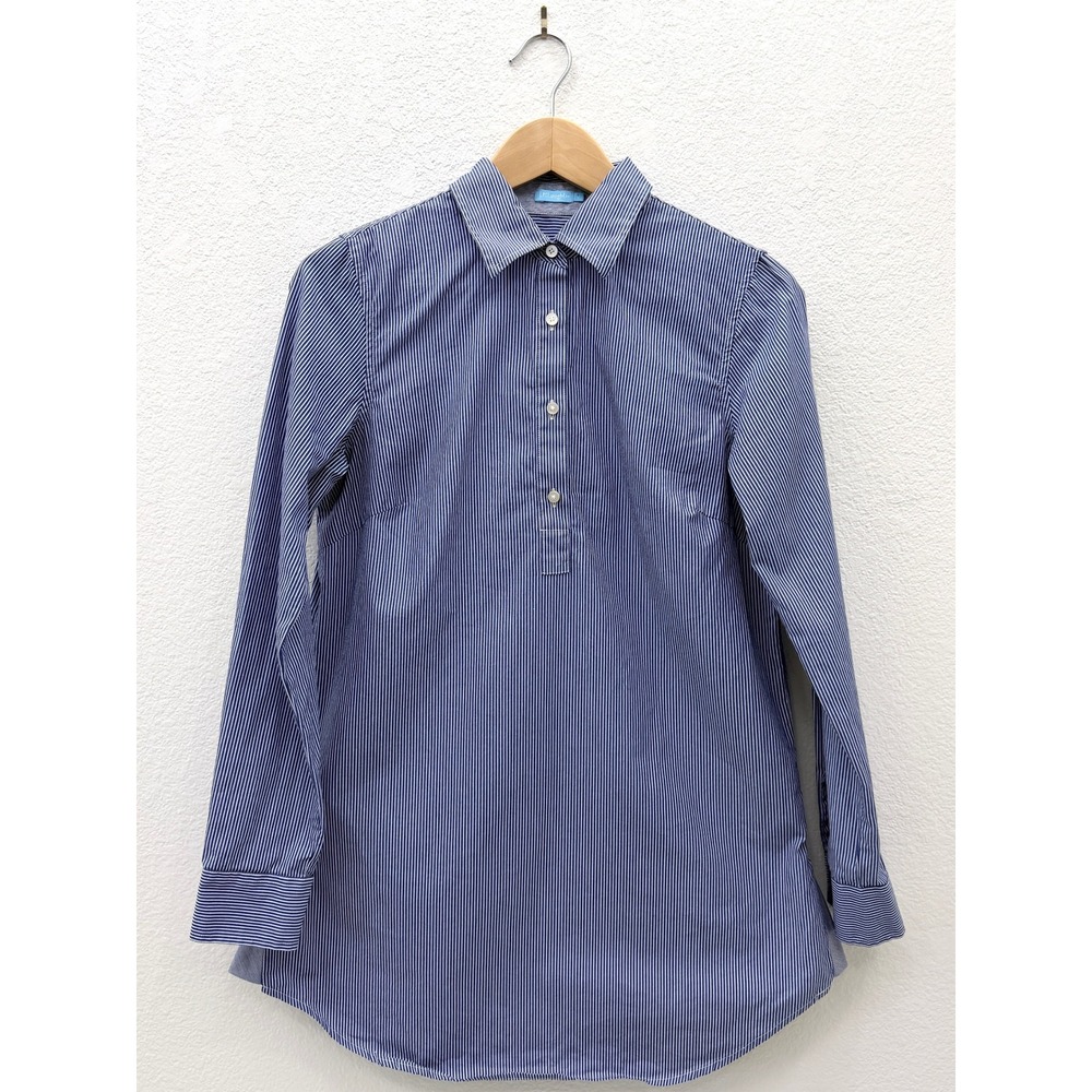 J.McLaughlin 100%‎ Cotton Tunic Blue White Striped Popover Shirt Preppy Small